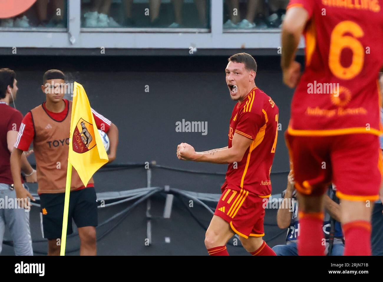 Rome, Italy, 20 August, 2023. Andrea Belotti, of AS Roma, celebrates during the Italian Serie A championship football match between Roma and Salernitana at the Olympic Stadium Stock Photo