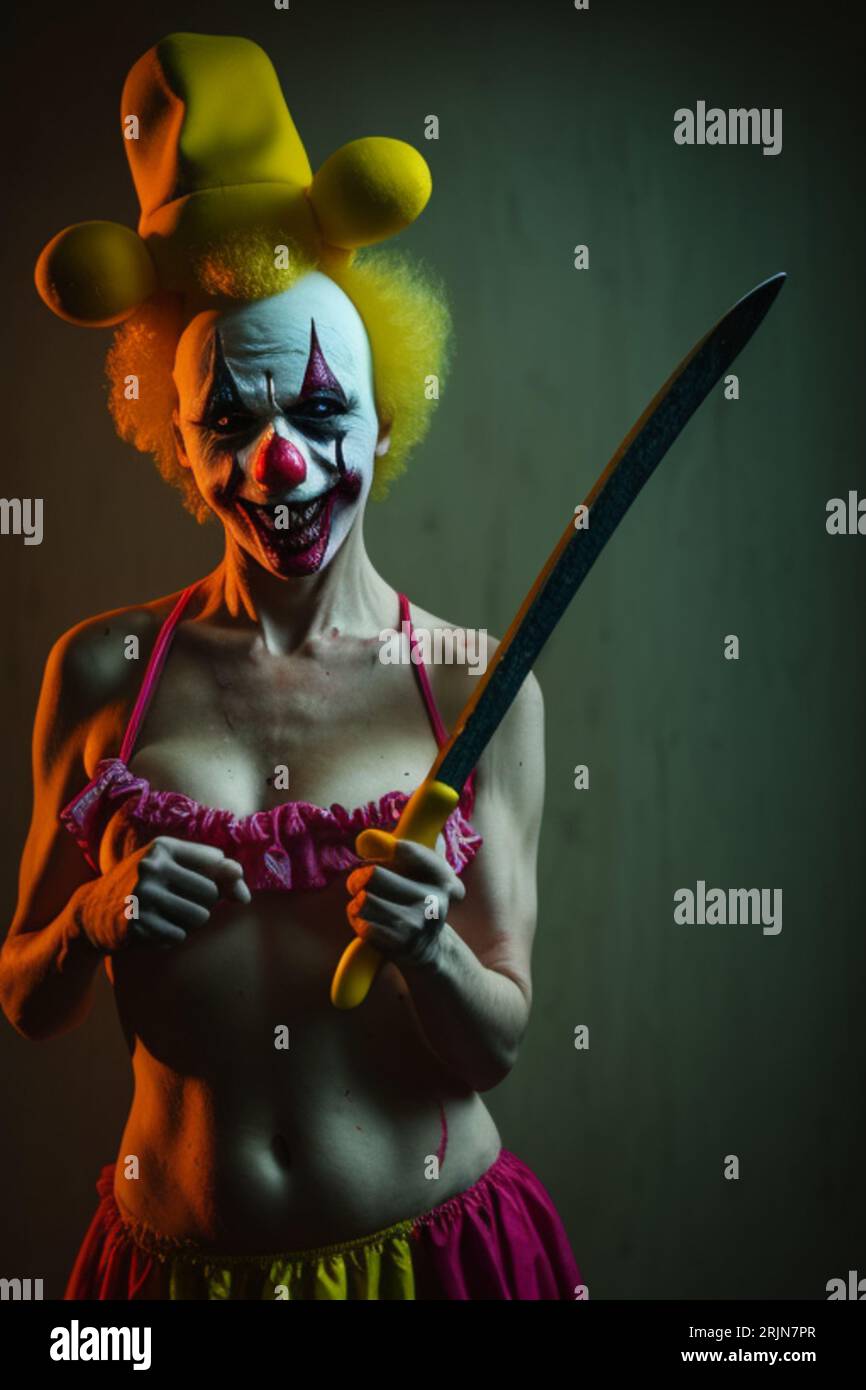 A close-up shot of a frightening clown with a dangerous-looking knife in hand Stock Photo