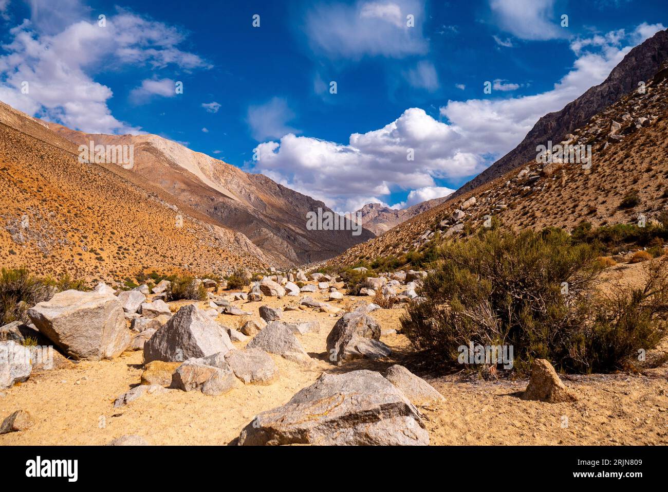 A picturesque mountain landscape with towering rocks in Cochiguaz, Valle del Elqui, Chile Stock Photo