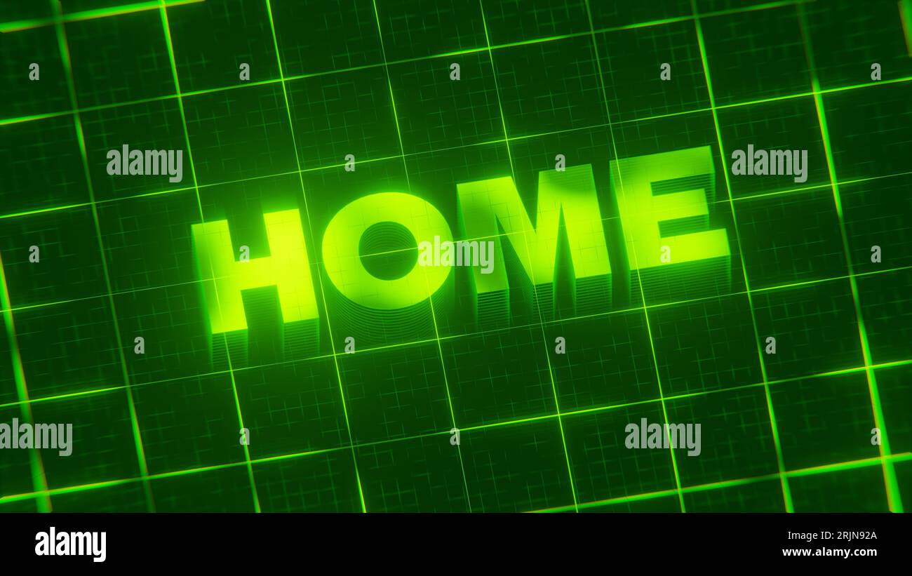 A 3D-rendered pattern of a word on bright neon green lines arranged in ...