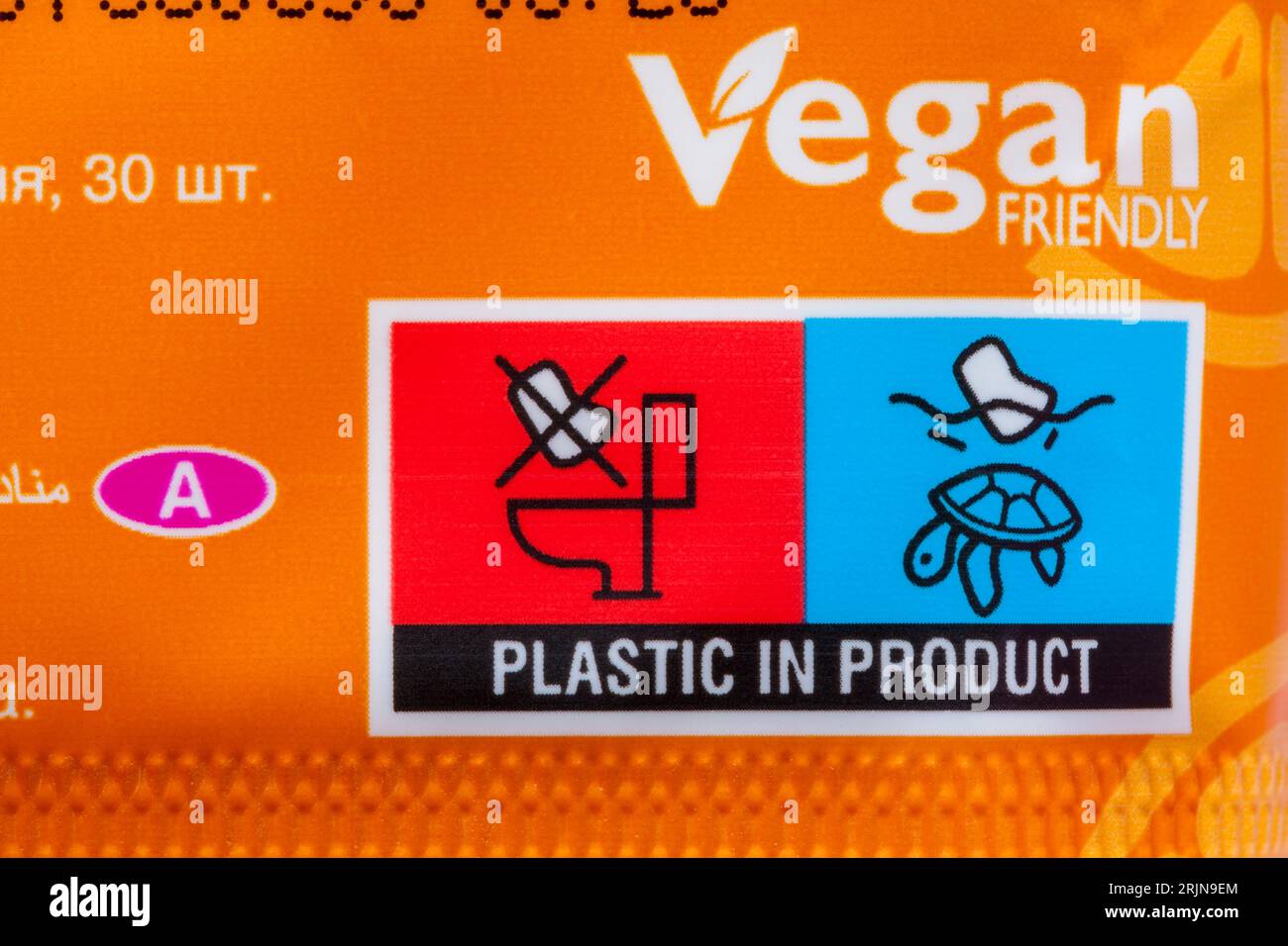 plastic in product symbols on vegan friendly pack of Beauty Formulas Brightening Vitamin C make-up remover wipes Stock Photo