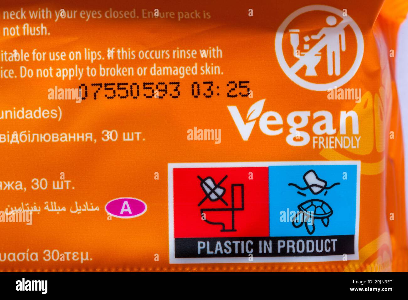 plastic in product symbols on vegan friendly pack of Beauty Formulas Brightening Vitamin C make-up remover wipes Stock Photo