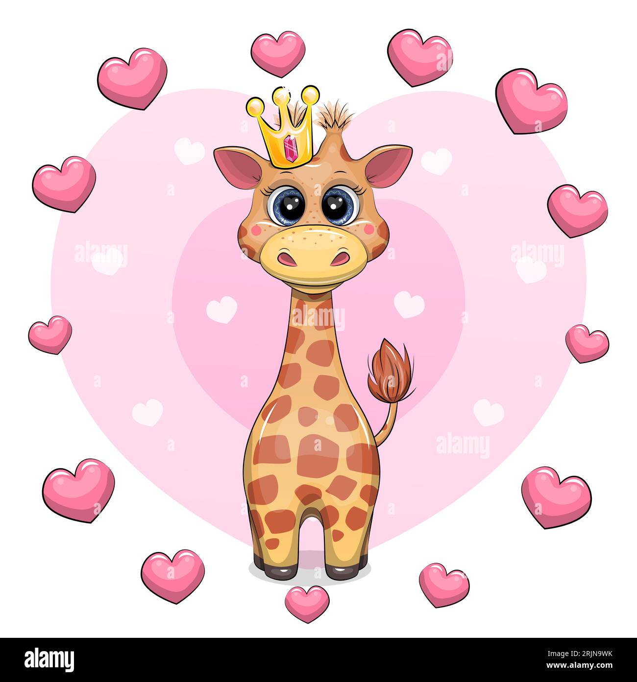 A cute cartoon giraffe with a crown stands in a frame of hearts. Vector ...
