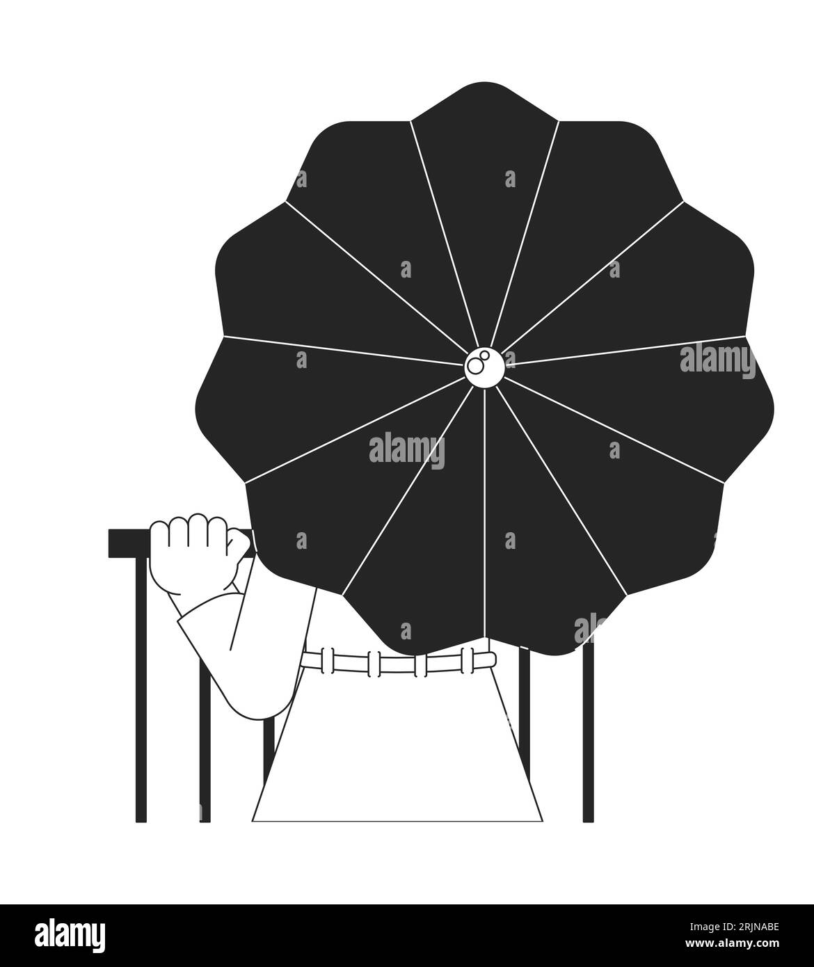 Woman under umbrella flat line black white vector character Stock