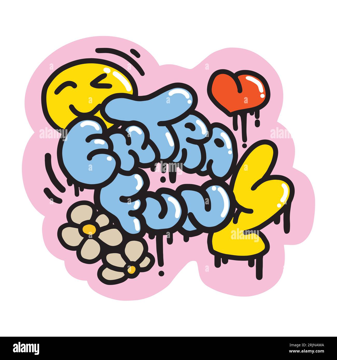 Blue Graffiti Slogan Extra Fun with Cartoon Heart, Lightning, Daisies, Smile. Colorful Urban style Lettering. Vector illustration. Hippie Sticker for T-Shirts, Wallpaper, Case Phone. Stock Vector