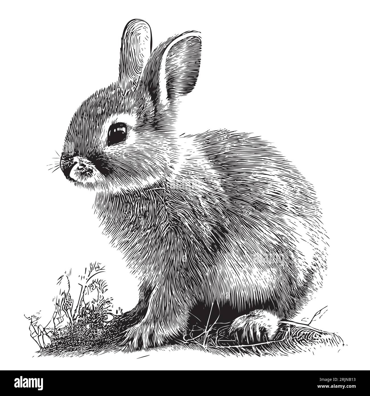 Little bunny cub in flowers hand drawn sketch Farm animals illustration Stock Vector