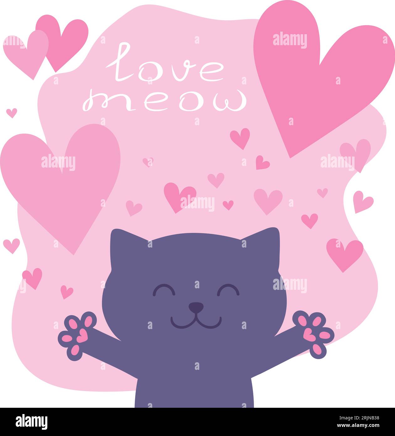 Cartoon cat asks for love. Cute hugging cat in childish style with a text Love meow and hearts. Vector illustration Stock Vector