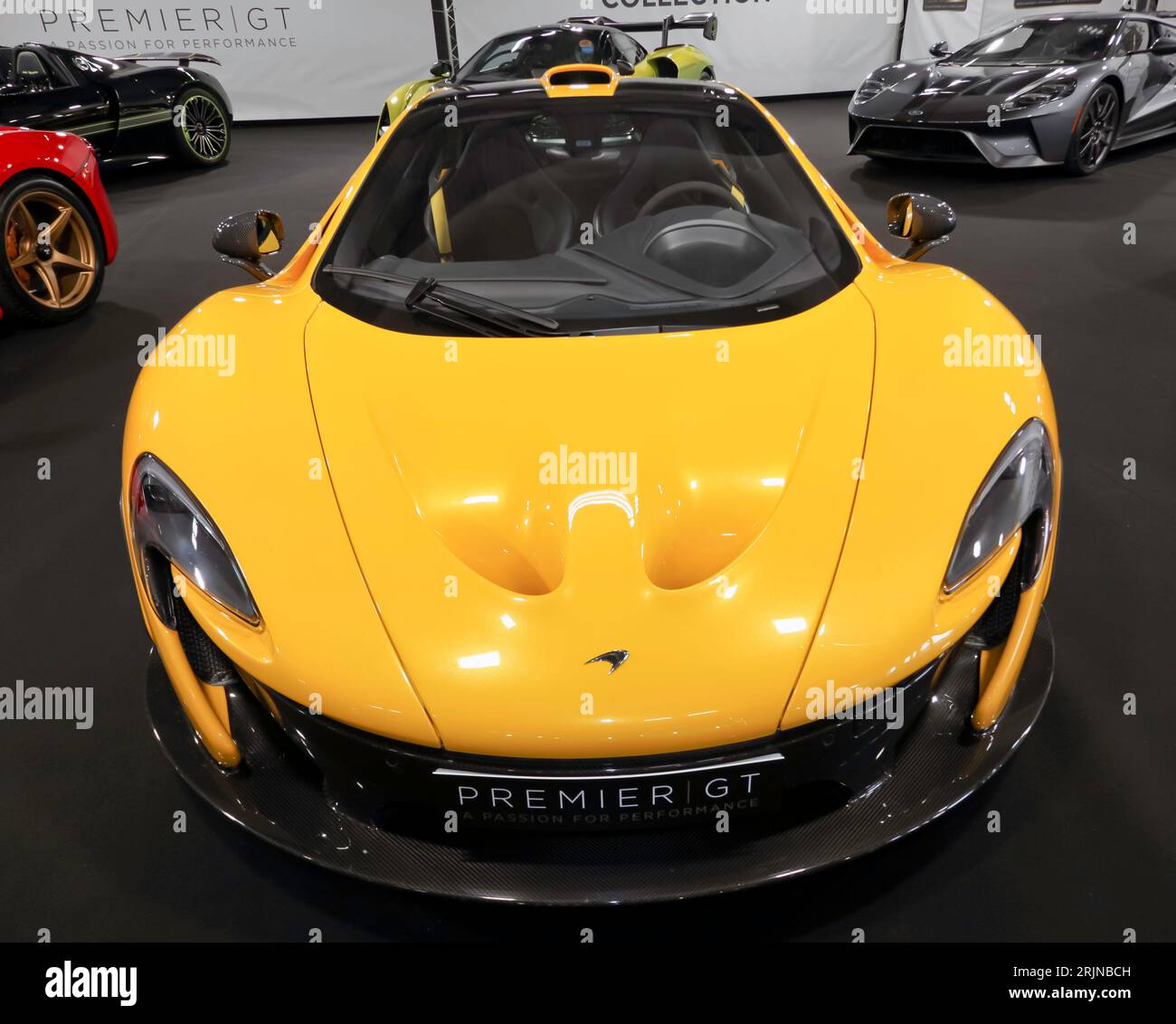 Front view of a Yellow, McLaren P1,  on display on the Premier GT Stand, at the 2023 British Motor Show, Farnborough Stock Photo