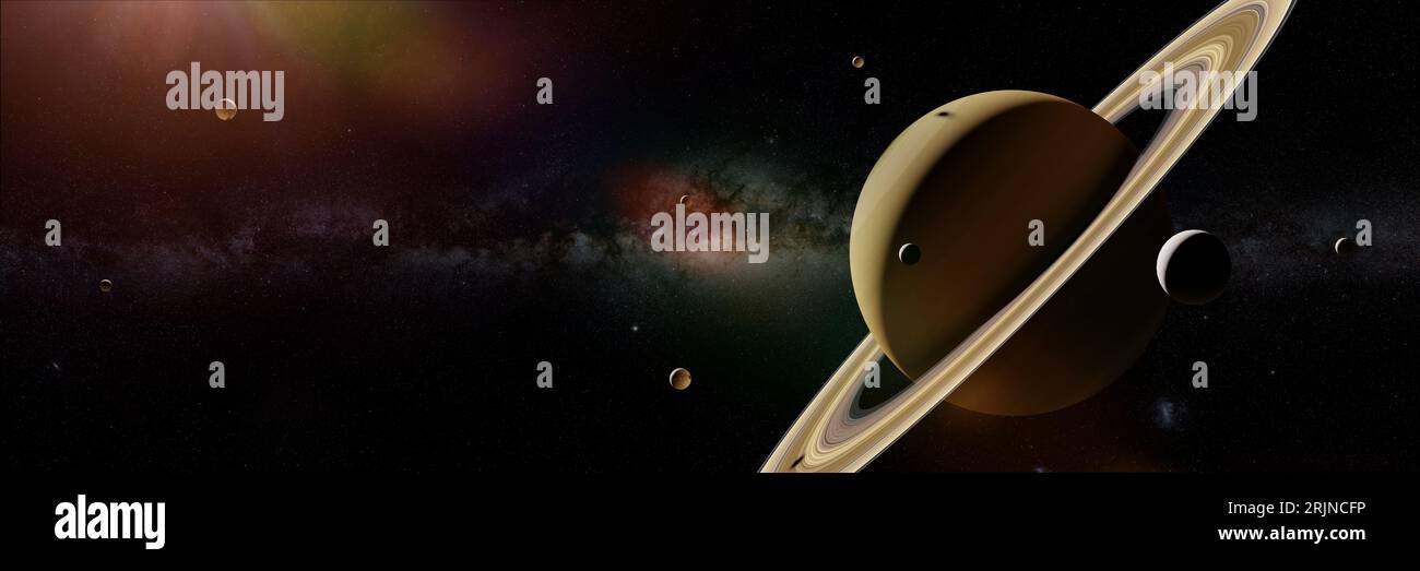 planet Saturn with moons, background banner with empty space Stock Photo