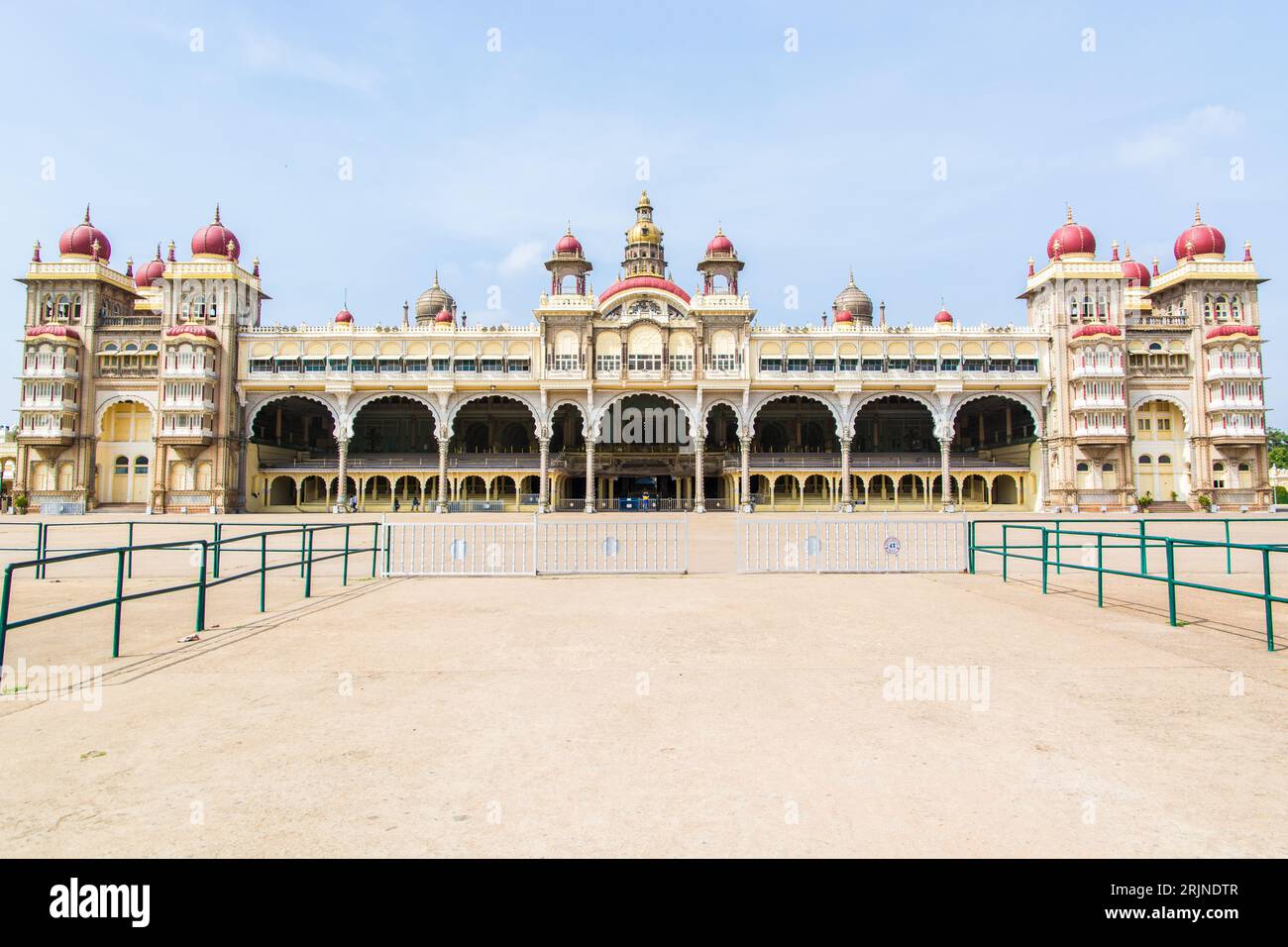 A closeup of historical Amba Vilas Palace under the blue sky in India Stock Photo
