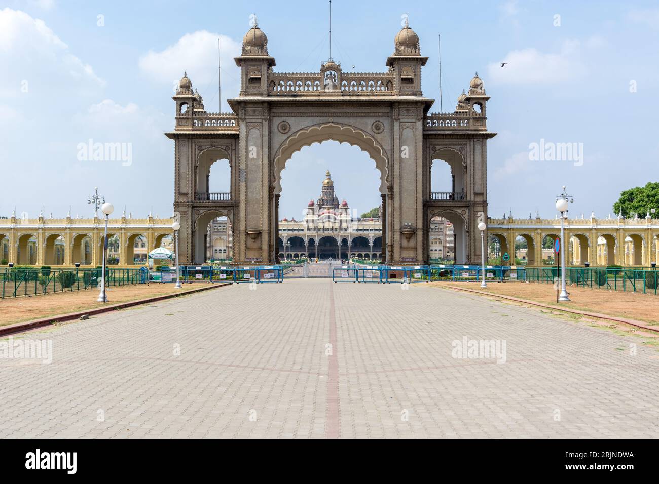 A closeup of  Main approach of Amba Vilas Palace under the blue sky in India Stock Photo