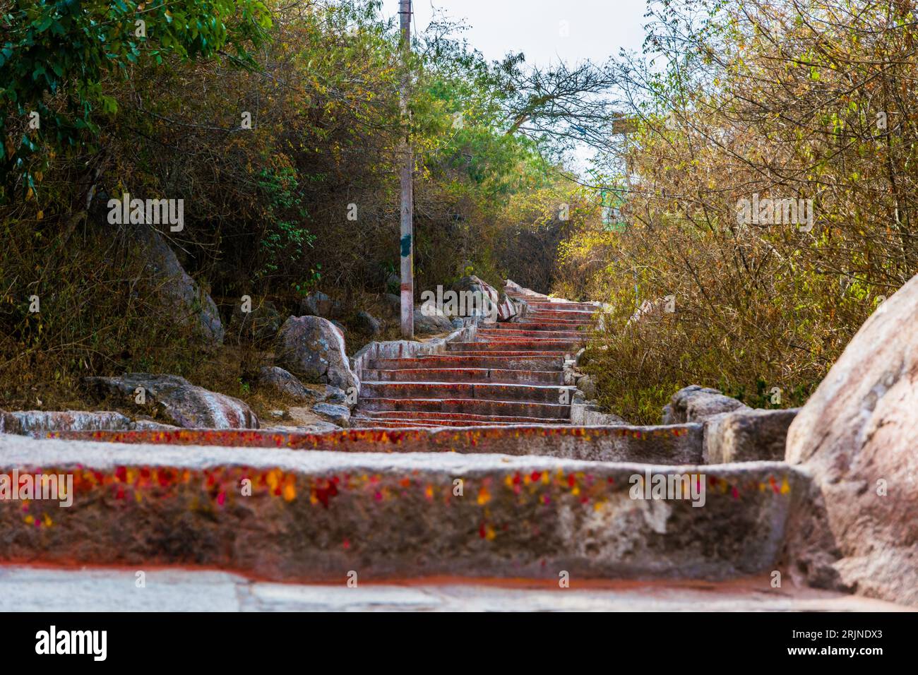 A low-angle shot of The ancient stone stairway of the Chamundi Hills on a sunny day in India Stock Photo