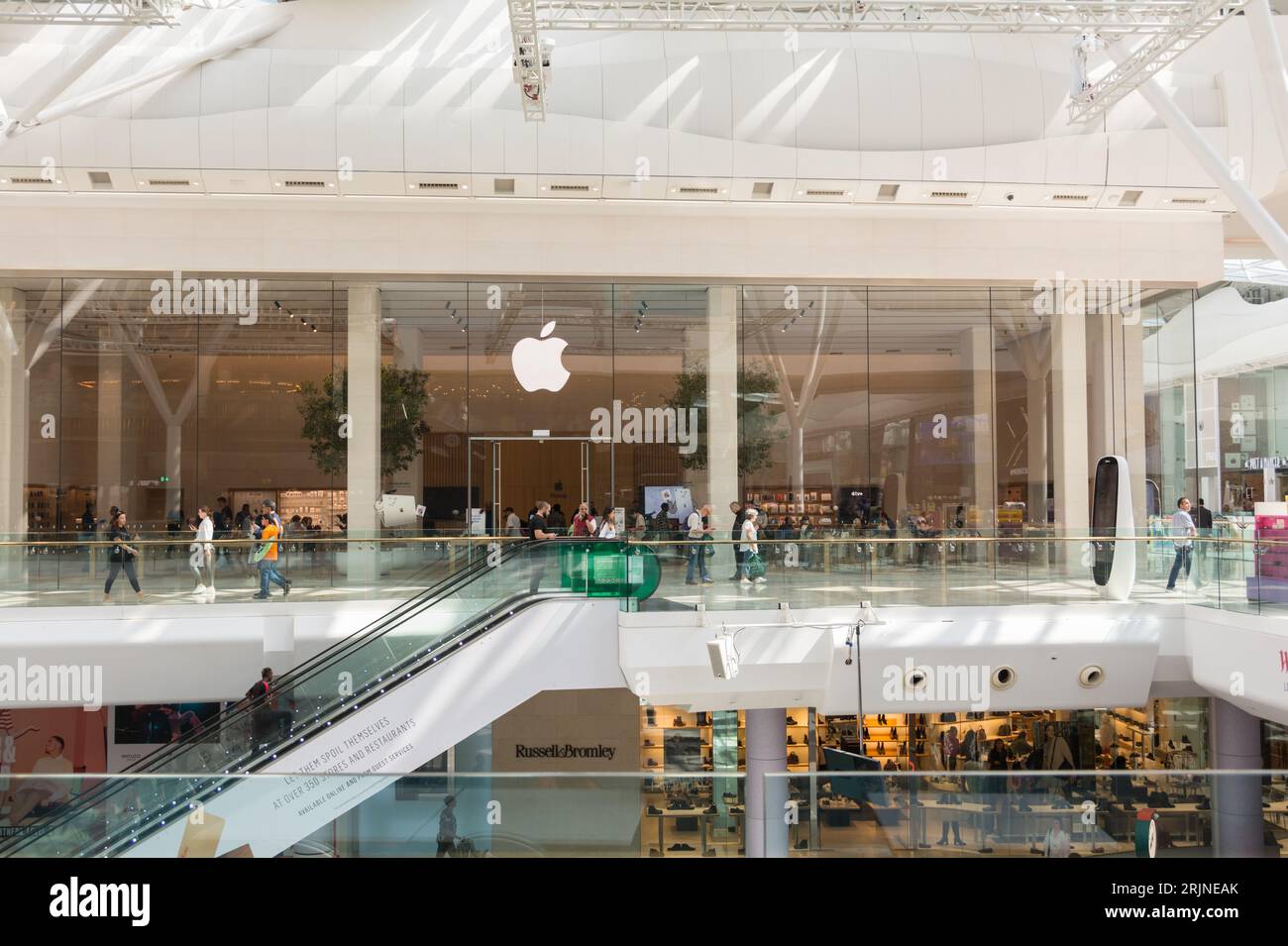 Westfield London Apple Store signage - a shopping centre in White City in the London Borough of Hammersmith and Fulham, London, England, U.K. Stock Photo