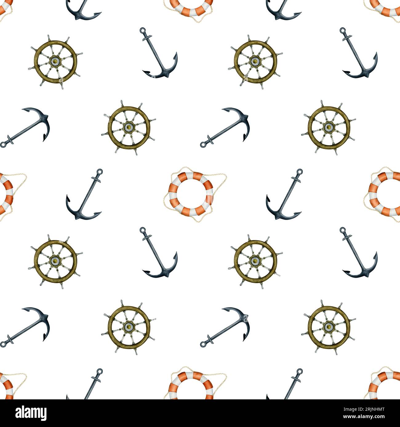 Steel anchors, steering wheels and lifebuoy watercolor seamless pattern