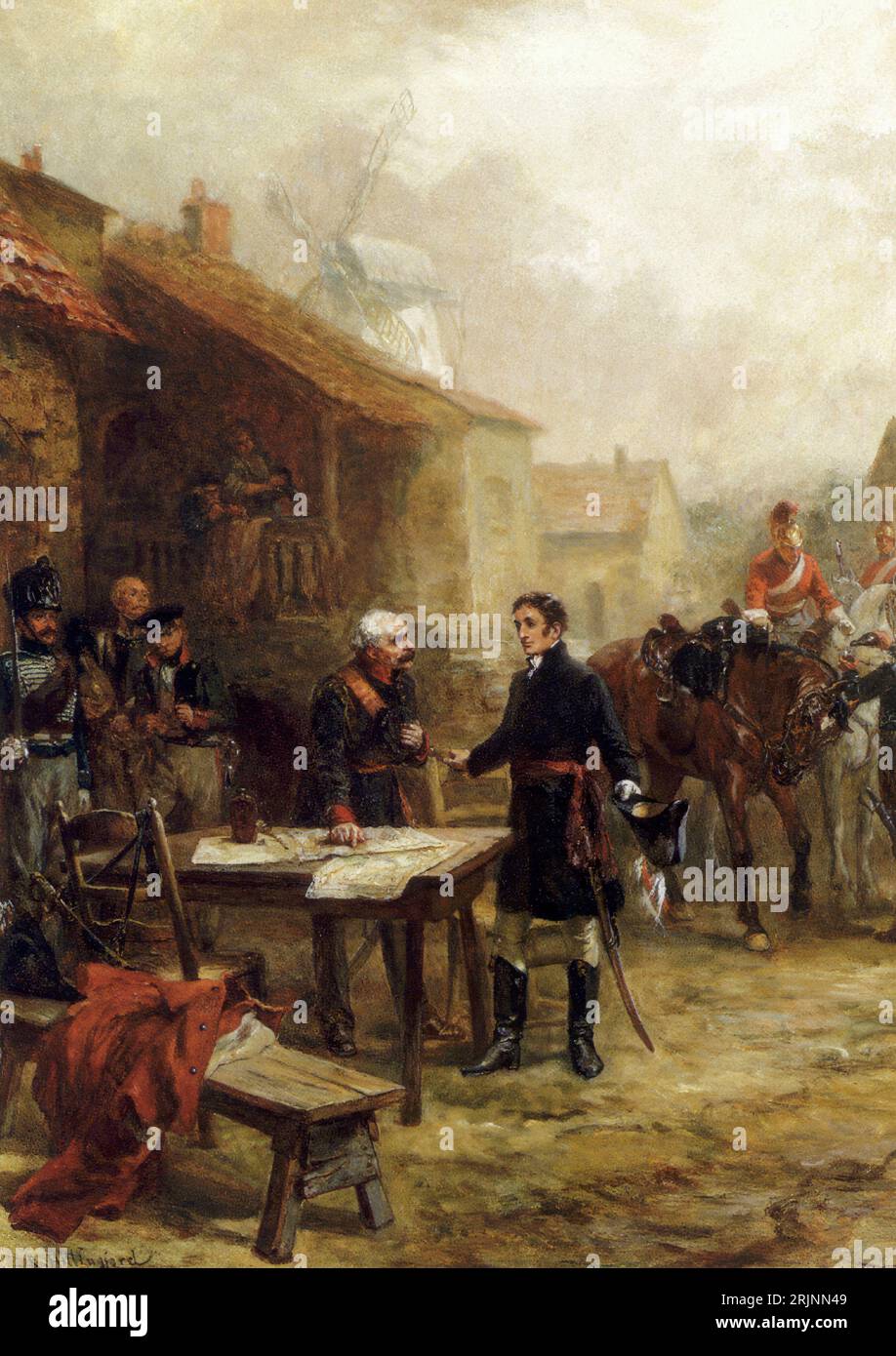 Wellington and Blucher Meeting before the Battle of Waterloo, painting by Robert Alexander Hillingford, after 1815 Stock Photo
