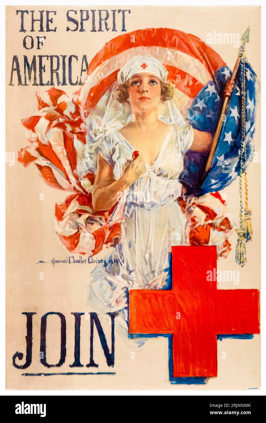 American Nurses, US, WW1, Female recruitment poster, The Spirit of America, Join, (woman as nurse and Red Cross symbol), 1910-1920 Stock Photo