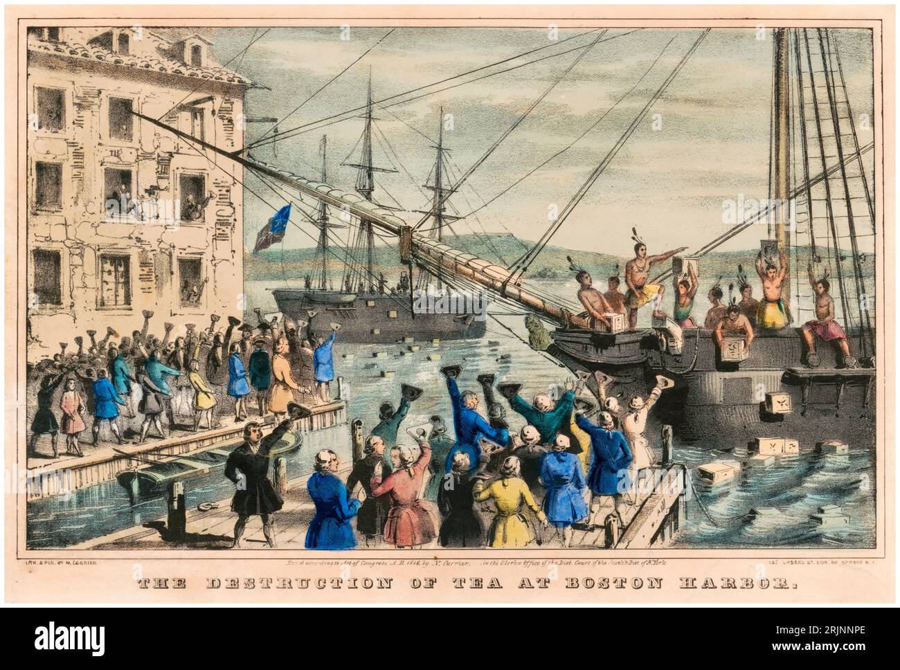 The Destruction of Tea at Boston Harbor, hand-coloured engraving depicting the 1773 Boston Tea Party political protest over taxation by Nathaniel Currier,1846 Stock Photo
