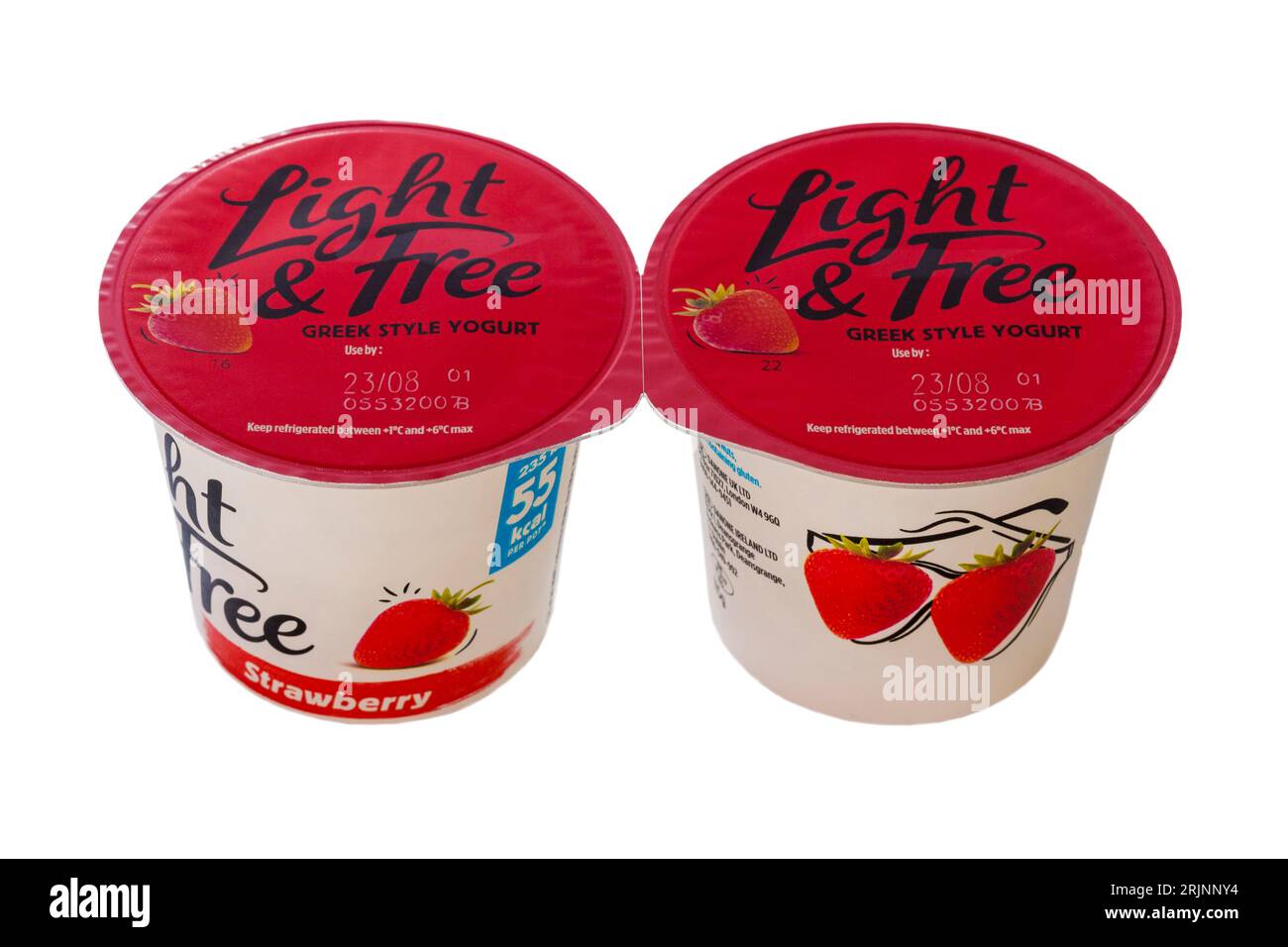 Two pots of Danone Light & Free Greek Style Yogurt strawberry flavour