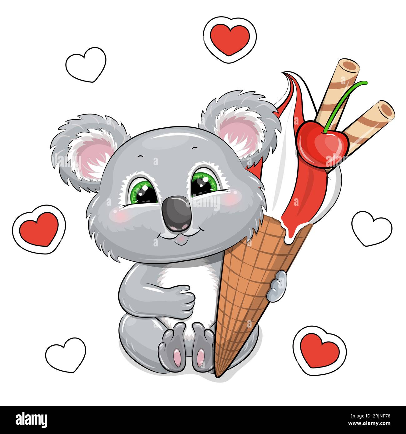 Cute cartoon gray koala holds a big ice cream. Summer animal vector