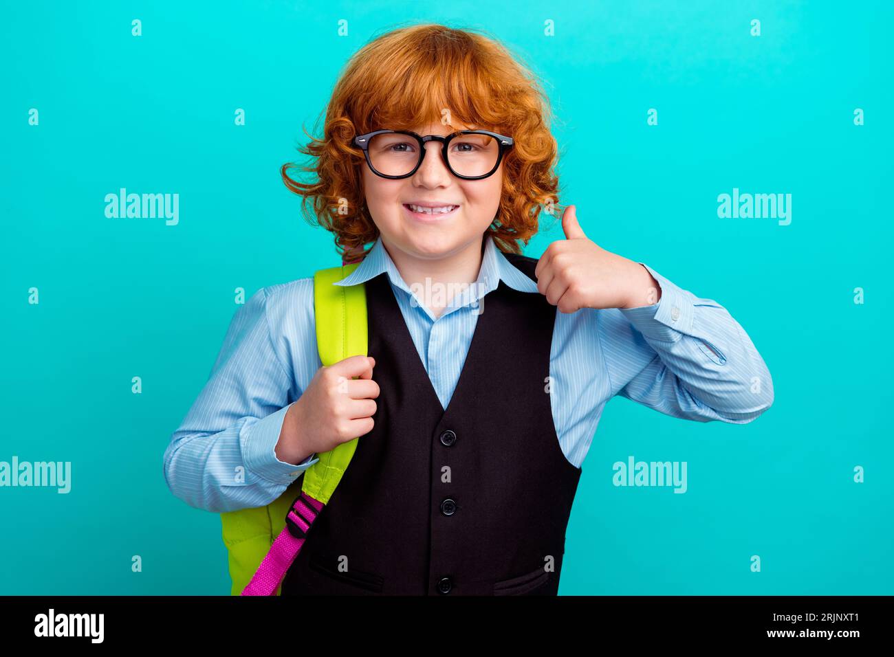 Portrait of friendly smart little boy beaming smile carry rucksack ...