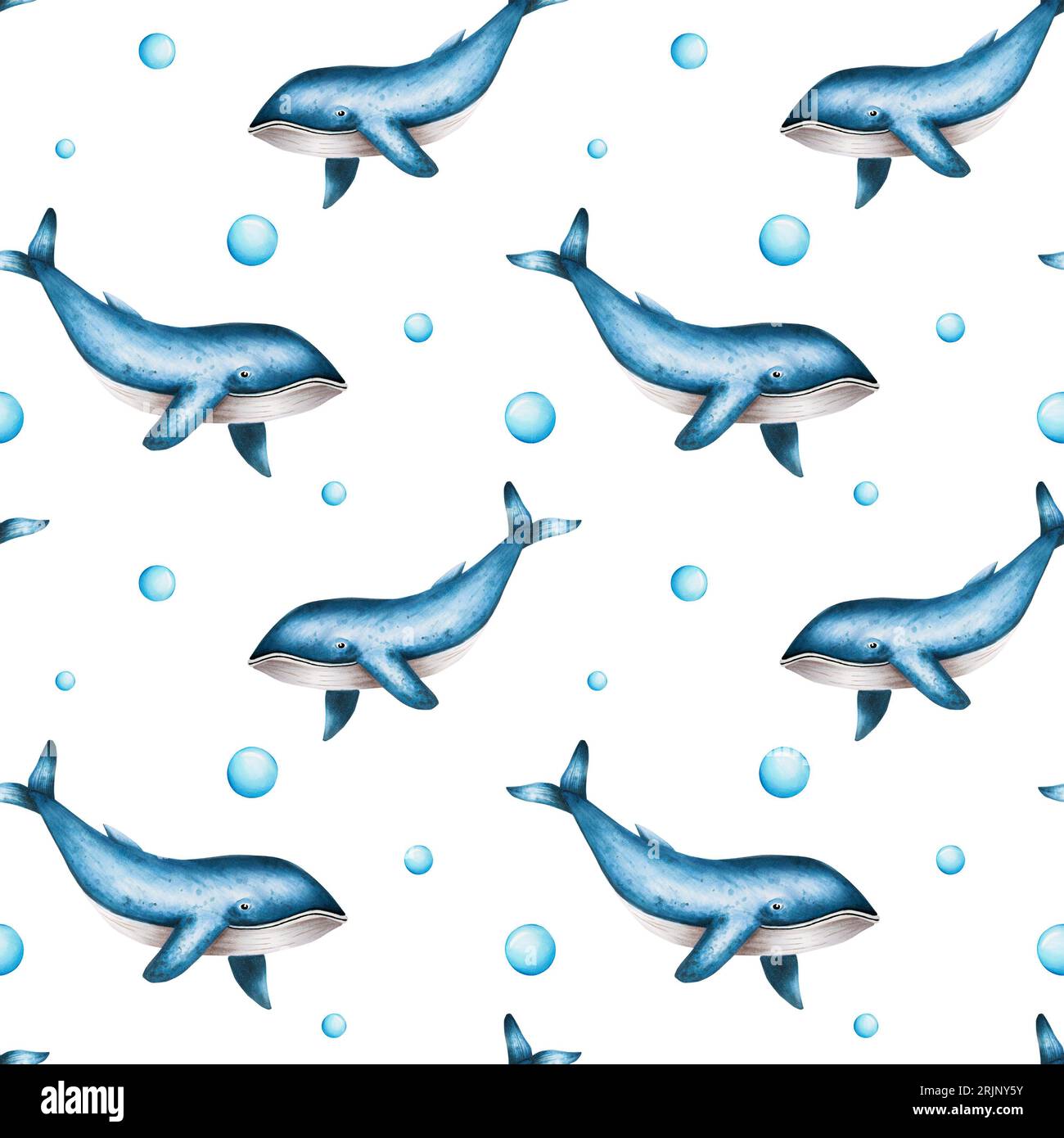 Watercolor seamless pattern with blue whales isolated on white background. Hand painting realistic Arctic and Antarctic ocean mammals. For designers Stock Photo