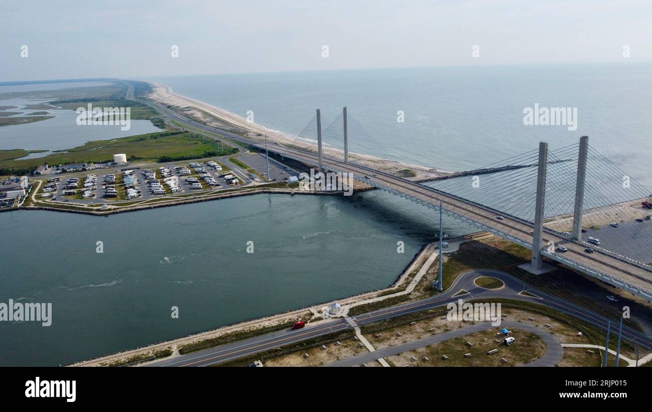 An aerial view of the Indian River Inlet Bridge at Delaware Seashore