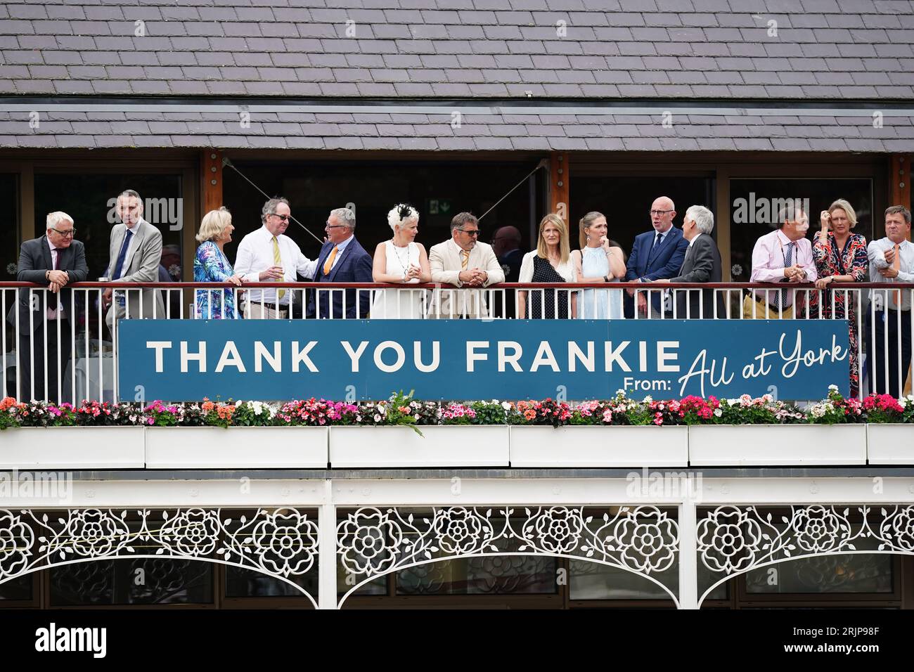 A banner on a balcony says 'Thank You Frankie' on day one of the Sky Bet Ebor Festival at York Racecourse. Picture date: Wednesday August 23, 2023. Stock Photo