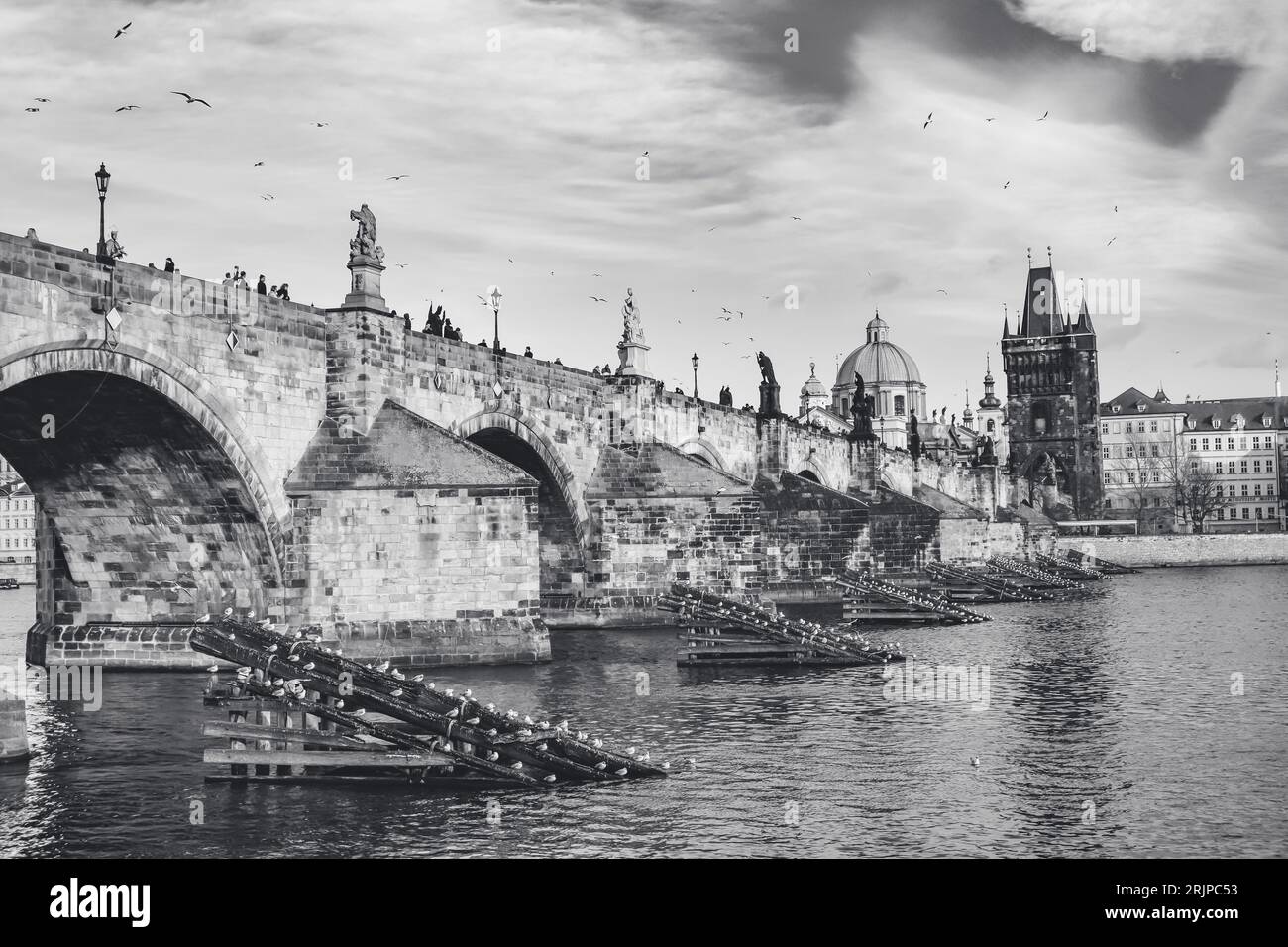 Charles Bridge in Prague, Black and white, Czech Republic Stock Photo
