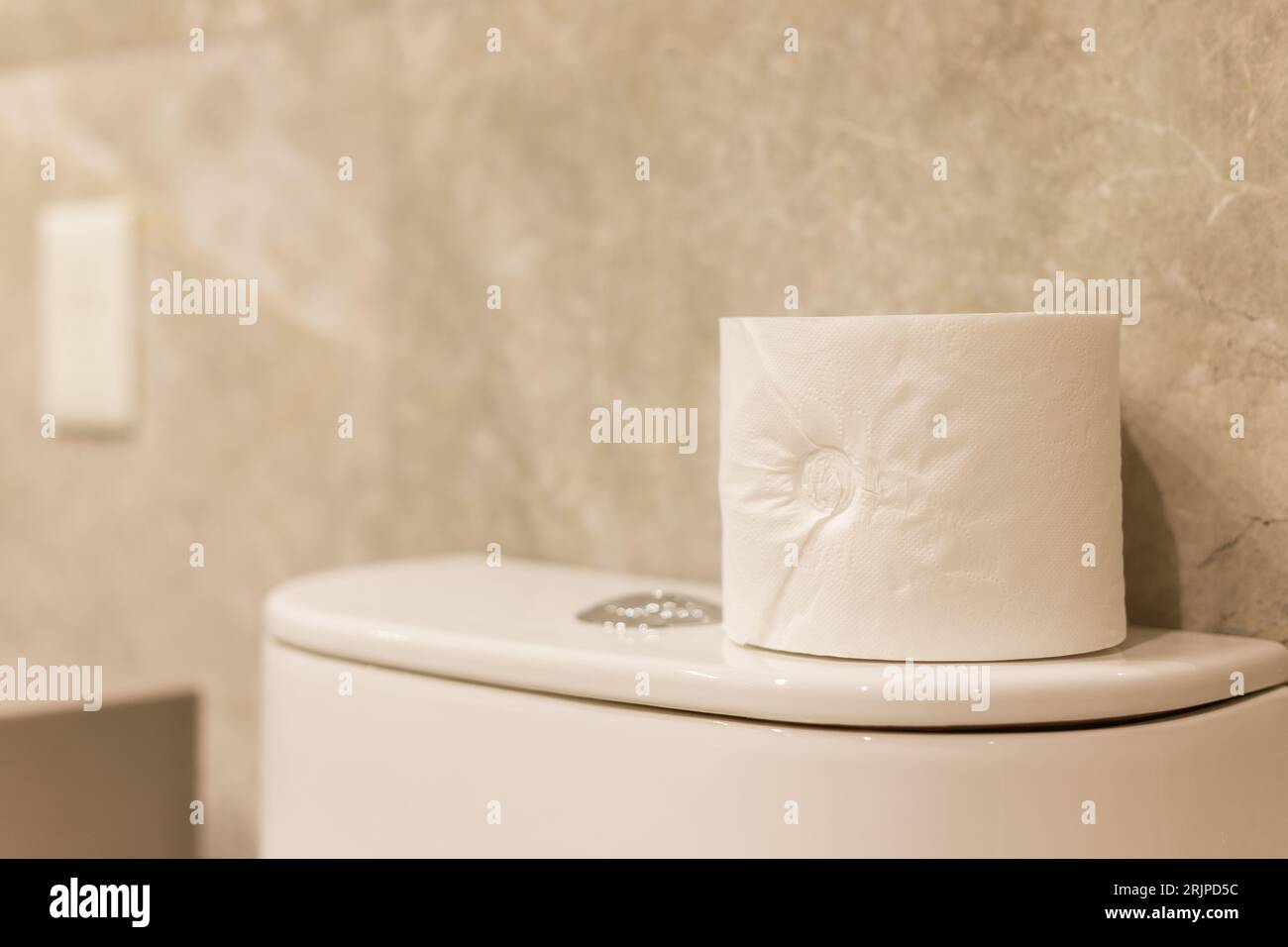 A close-up shot of a white roll of toilet paper placed atop a modern bathroom lid. Stock Photo