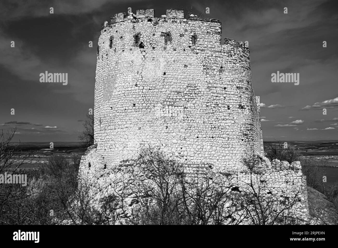 Ruins on hill, Czech Republic Black and White Stock Photo