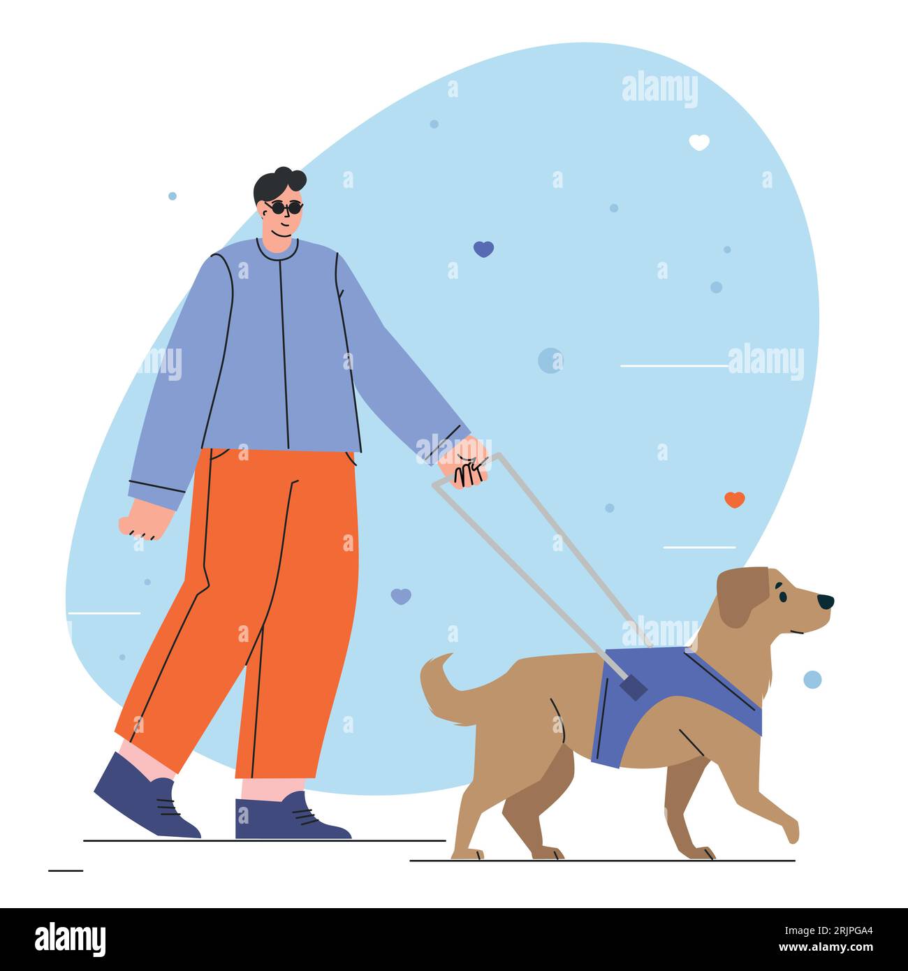 Man with a guide dog walking.Person who is visually impaired or blind