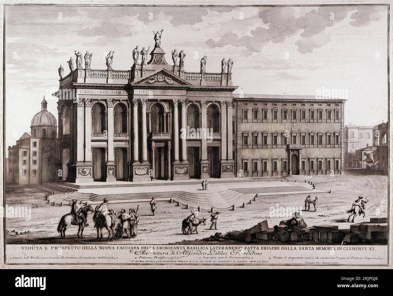 Italy Rome View and elevation of the new facade of the sacrosanct Lateran Basilica erected by the holy memory of Clement XII in 1741 Stock Photo
