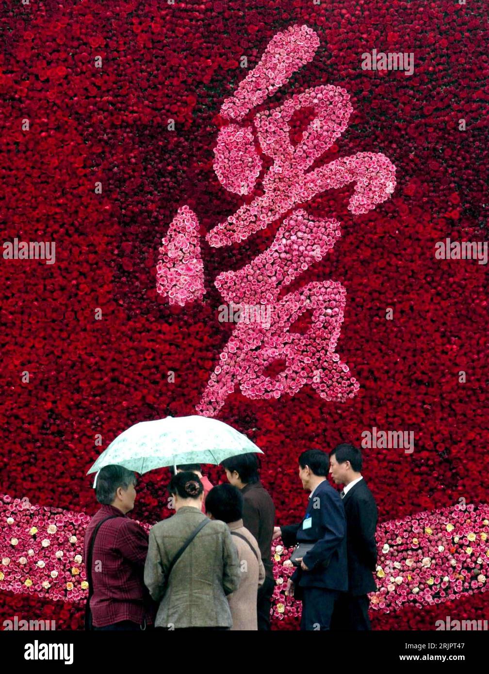 Bildnummer: 51231634  Datum: 30.04.2006  Copyright: imago/Xinhua Besucher unter einem Regenschirm stehen vor einer Rosenwand mit einem chinesischen Schriftzeichen im Baiyun Park in Guiyang - China - PUBLICATIONxNOTxINxCHN, Personen , ; 2006, Guiyang, Rose, Rosen, Blume, Blumen, Blumenwand, Blumenwände, Rosenwände, Rose, Rosen, Chinese, Chinesin, Chinesen, Einheimische, Einheimischer, Besucher, Besucherin, Blumenmeer, Blüte, Blüten, Rosenblüte, Rosenblüten, Blütenmeer, rosa, rot, chinesisch, chinesische, chinesisches; , hoch, Kbdig, Totale, China,  , Stock Photo