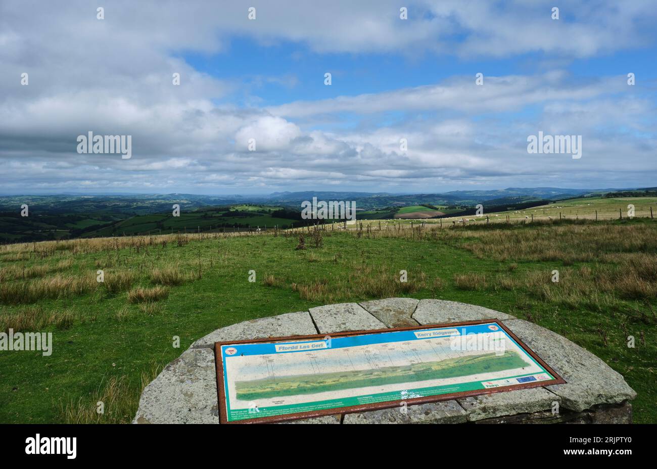 Information panels at the Two Tumps Viewpoint on the Kerry Ridgeway, between the Cider House car park and the Block Wood car park, Powys, Wales Stock Photo