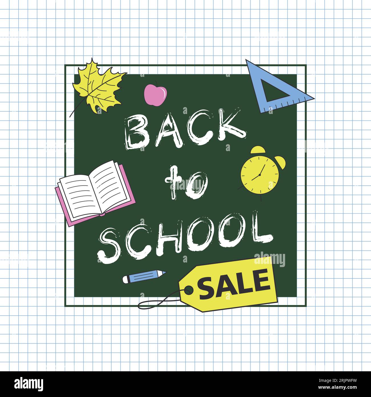 Back to school sale vector banner on the checkered background Stock Vector