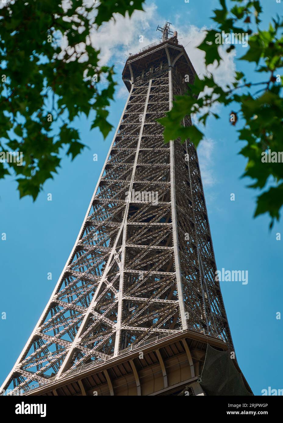 A breathtaking aerial view of the iconic Eiffel Tower in Paris, France, taken from a vantage point in a nearby wooded area Stock Photo