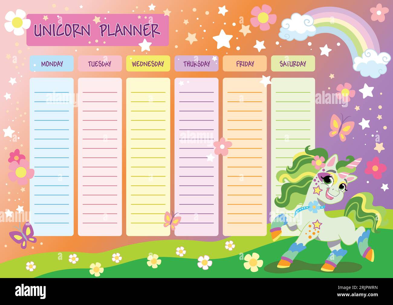 Weekly planner with cute happy unicorn, flowers and rainbow. Kids