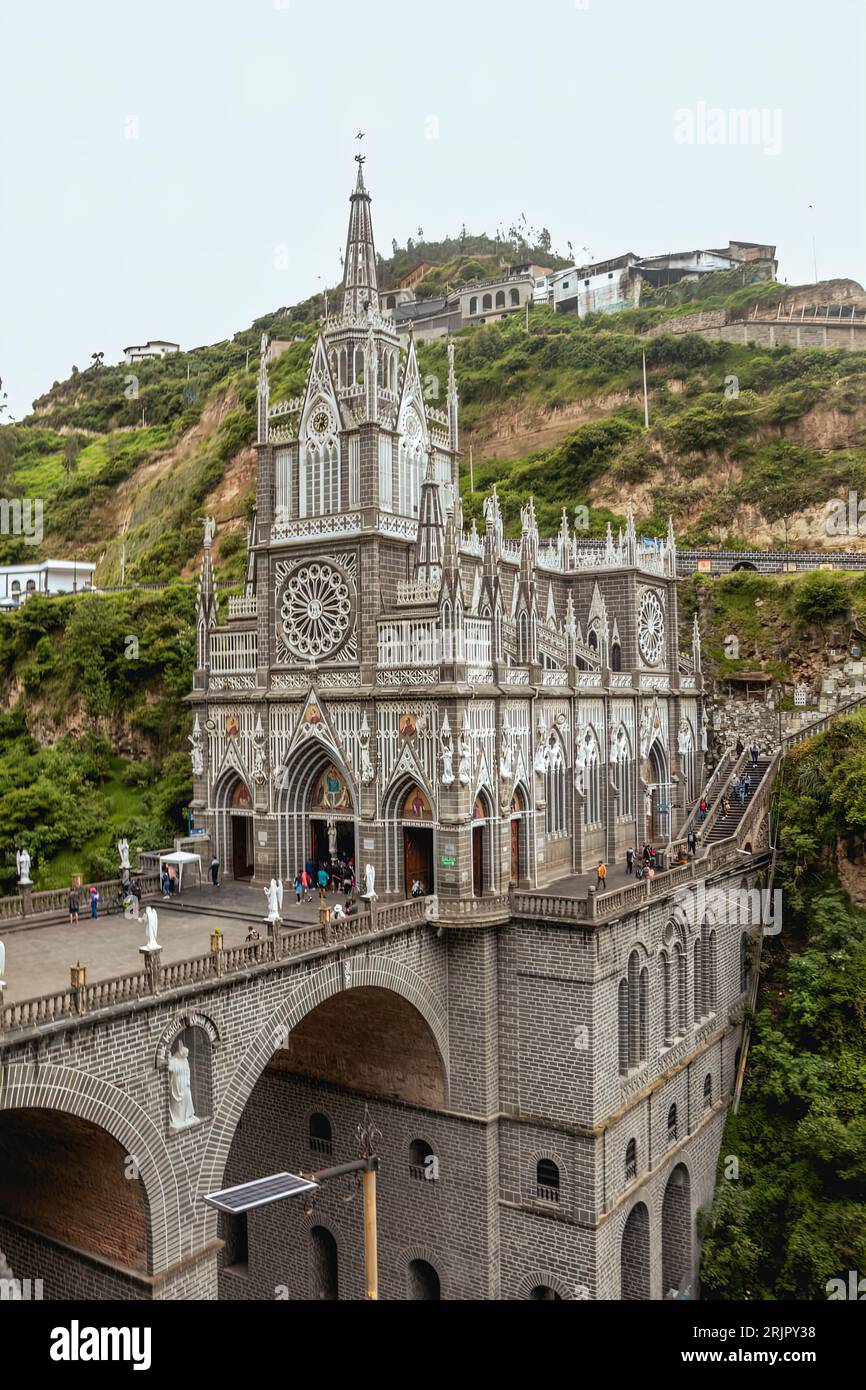 The scenic view of Las Lajas Shrine on the green hillside. Colombia. Stock Photo