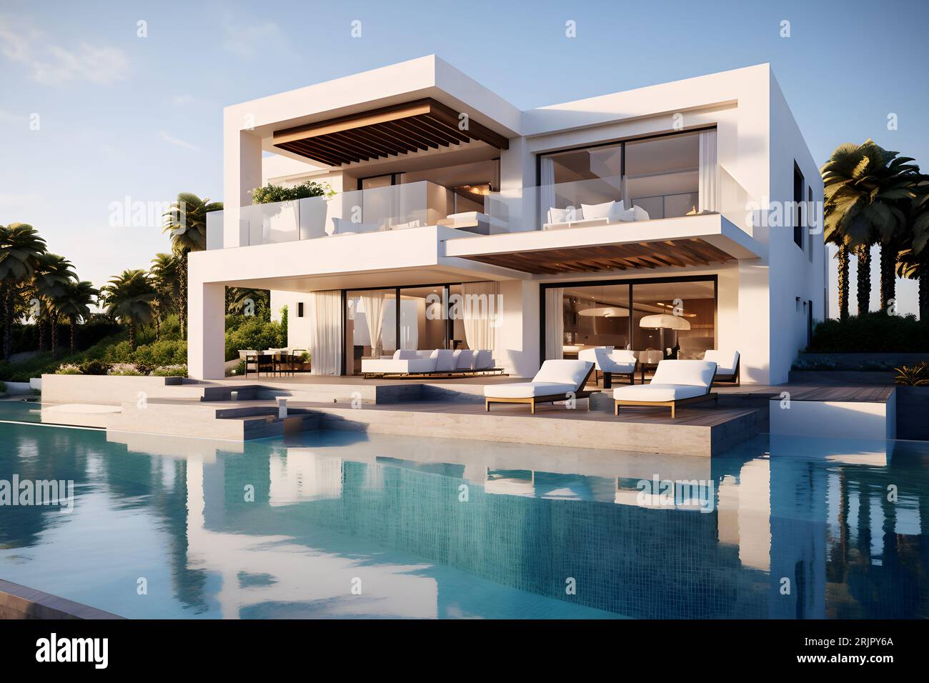AI generated digital art of a contemporary, modern, multi-level luxurious villa with a big infinity pool and various trees in the background Stock Photo