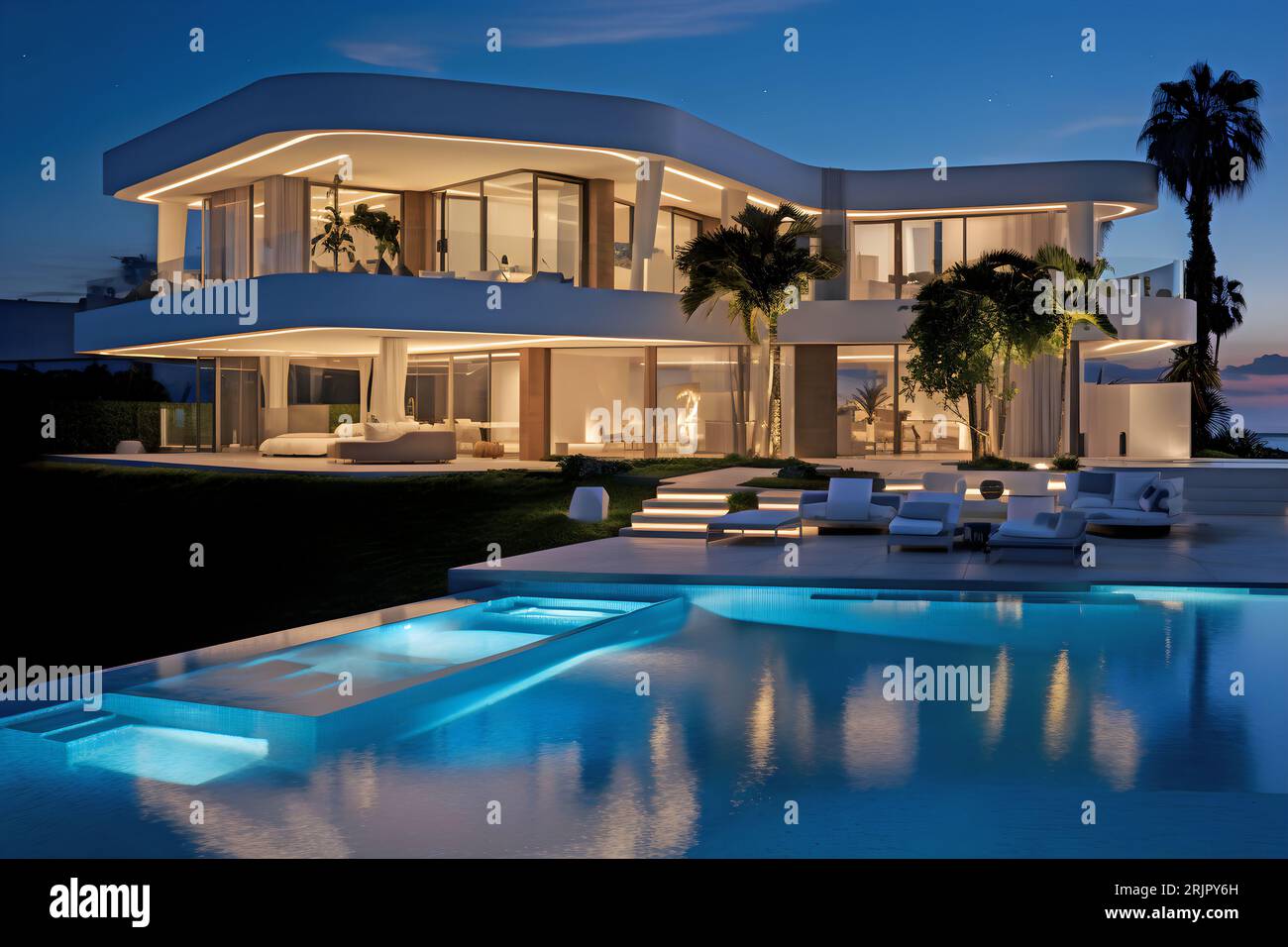 AI generated digital art of a contemporary, modern, multi-level luxurious villa with a big infinity pool and various trees in the background Stock Photo