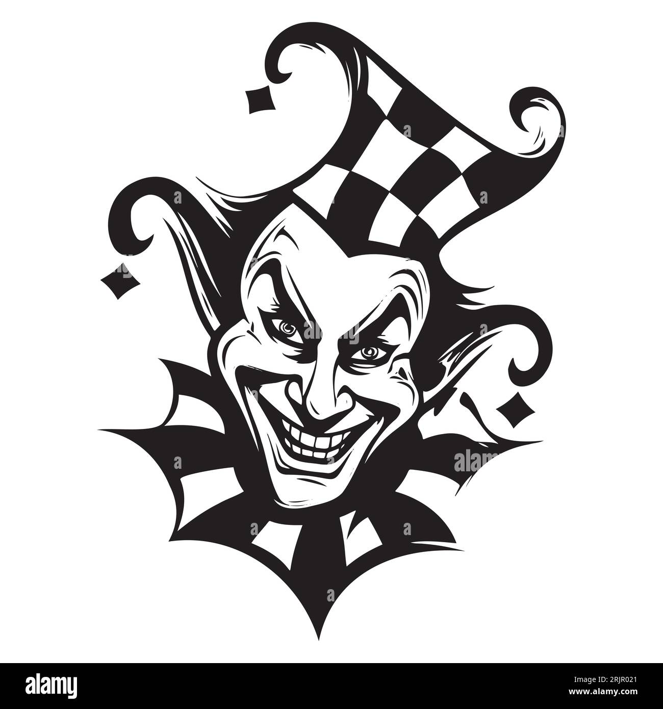 A black icon of the joker, in a white isolated vector illustration, embodies the playful and fun nature of the clown. With its whimsical design and Stock Vector