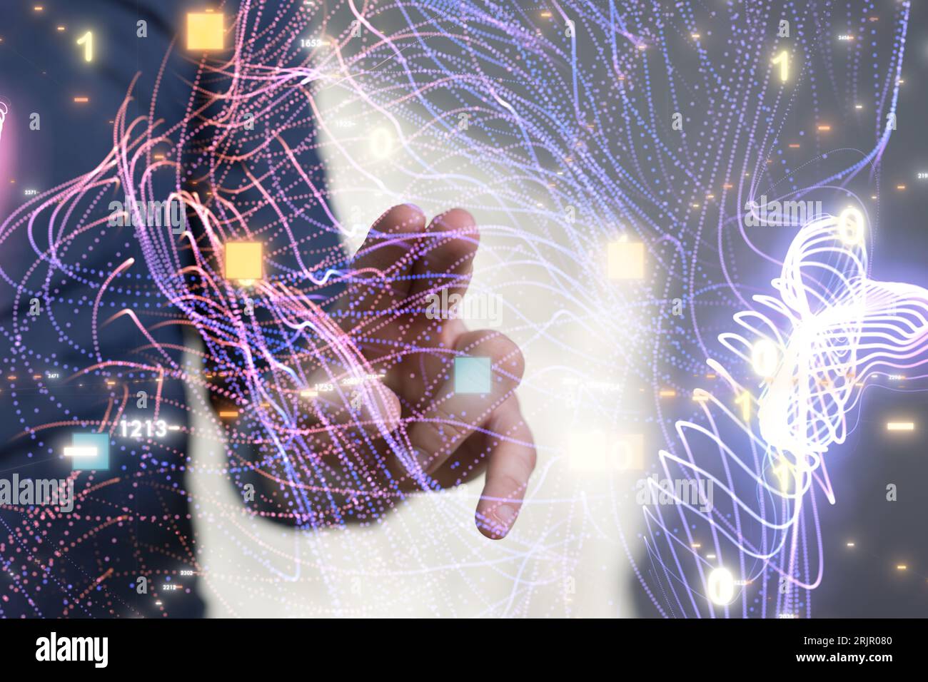 Navigating Abstract Image A close-up of a man navigating a hologram featuring pink and purple ...