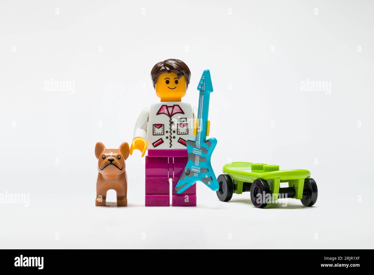 Antalya, Turkey - August 22, 2023: Musician Lego people character on white background Stock Photo