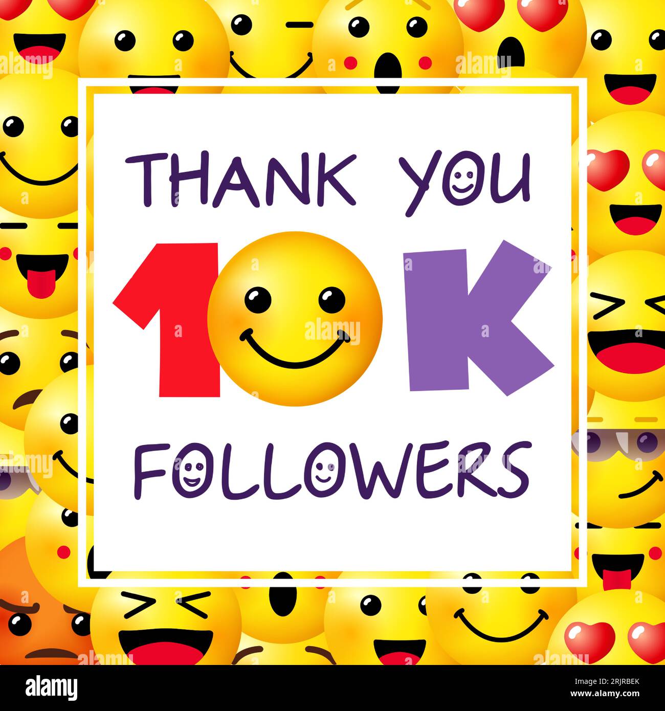 Thank you 10K followers social media poster. Set of smile icons. Creative background. 10 000 sign with messenger face. 3D style. Positive thanks for 1 Stock Vector
