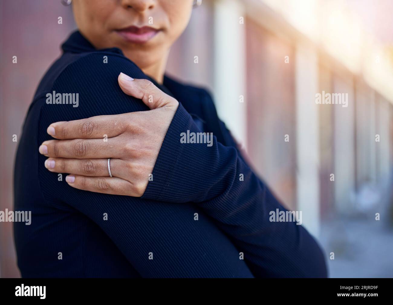 Shoulder, injury and fitness person massage bruise, muscle fatigue or