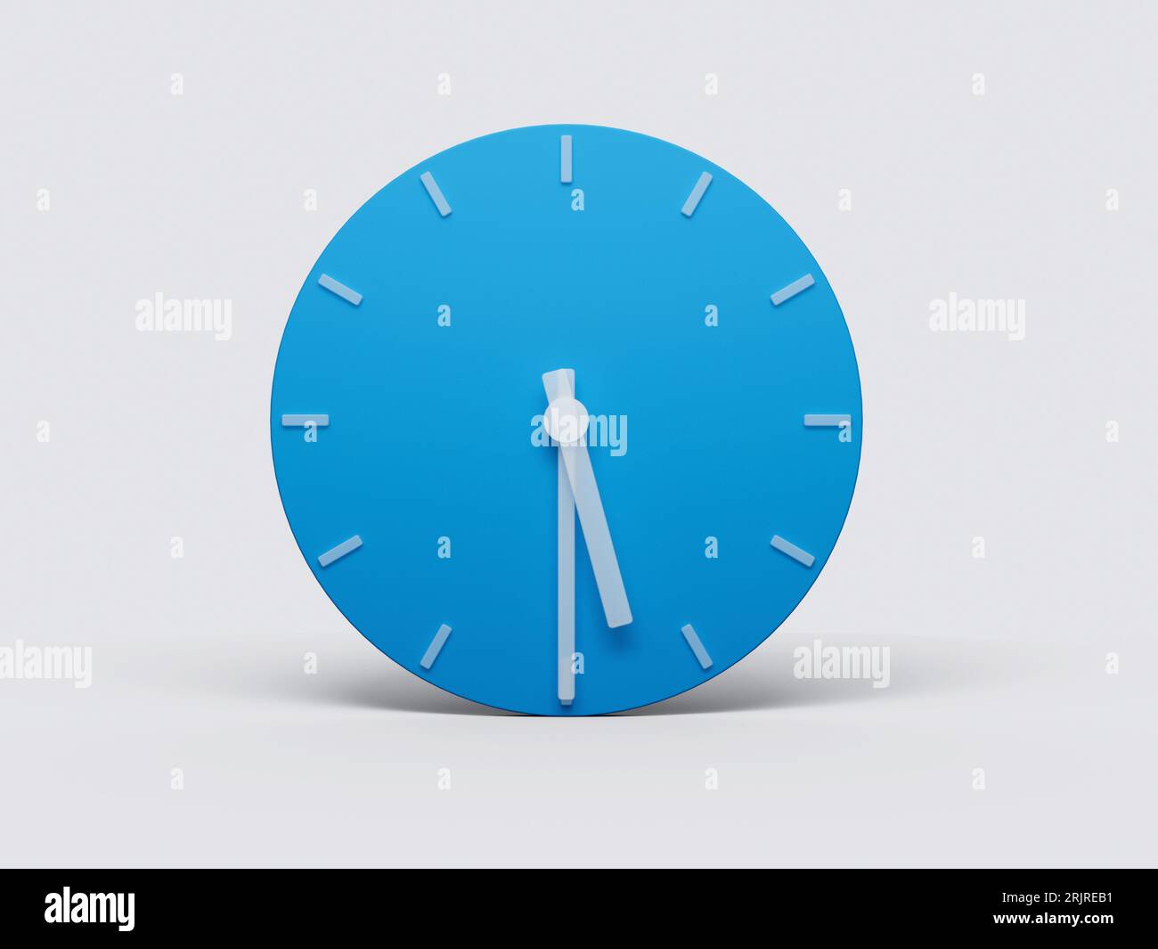 A 3D illustration of a minimalistic blue clock showing half past five