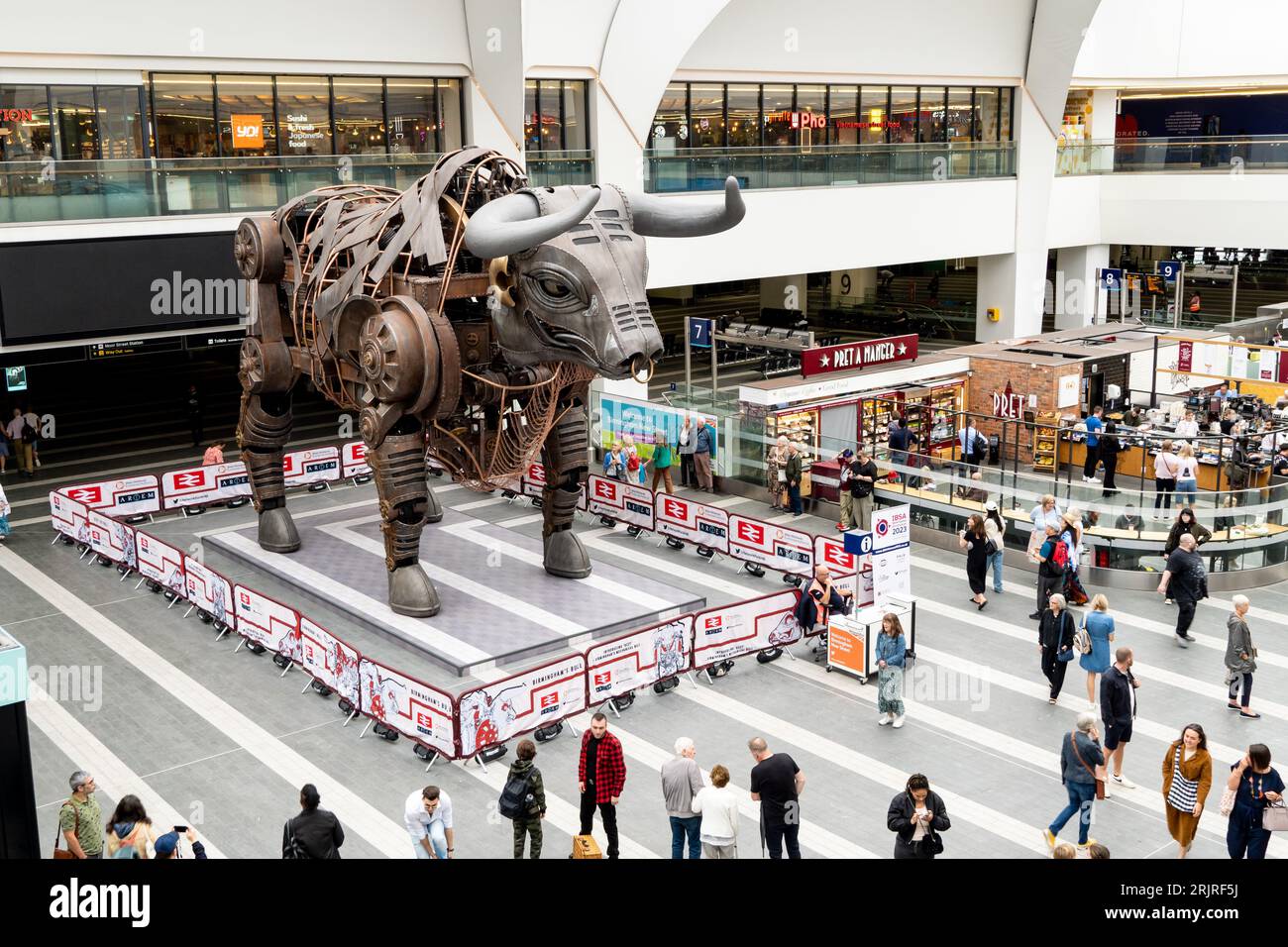 BIRMINGHAM NEW STREET STATION, UK - AUGUST 23, 2023.  Ozzy the mechanical bull used as a mascot for the Commonwealth Games now stands in the concourse Stock Photo
