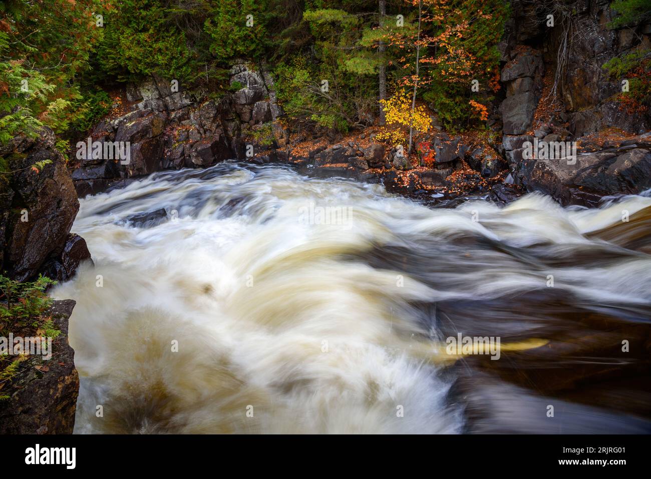 Fast flowing water at the top of a waterfall along a river running through a forest in autumn Stock Photo