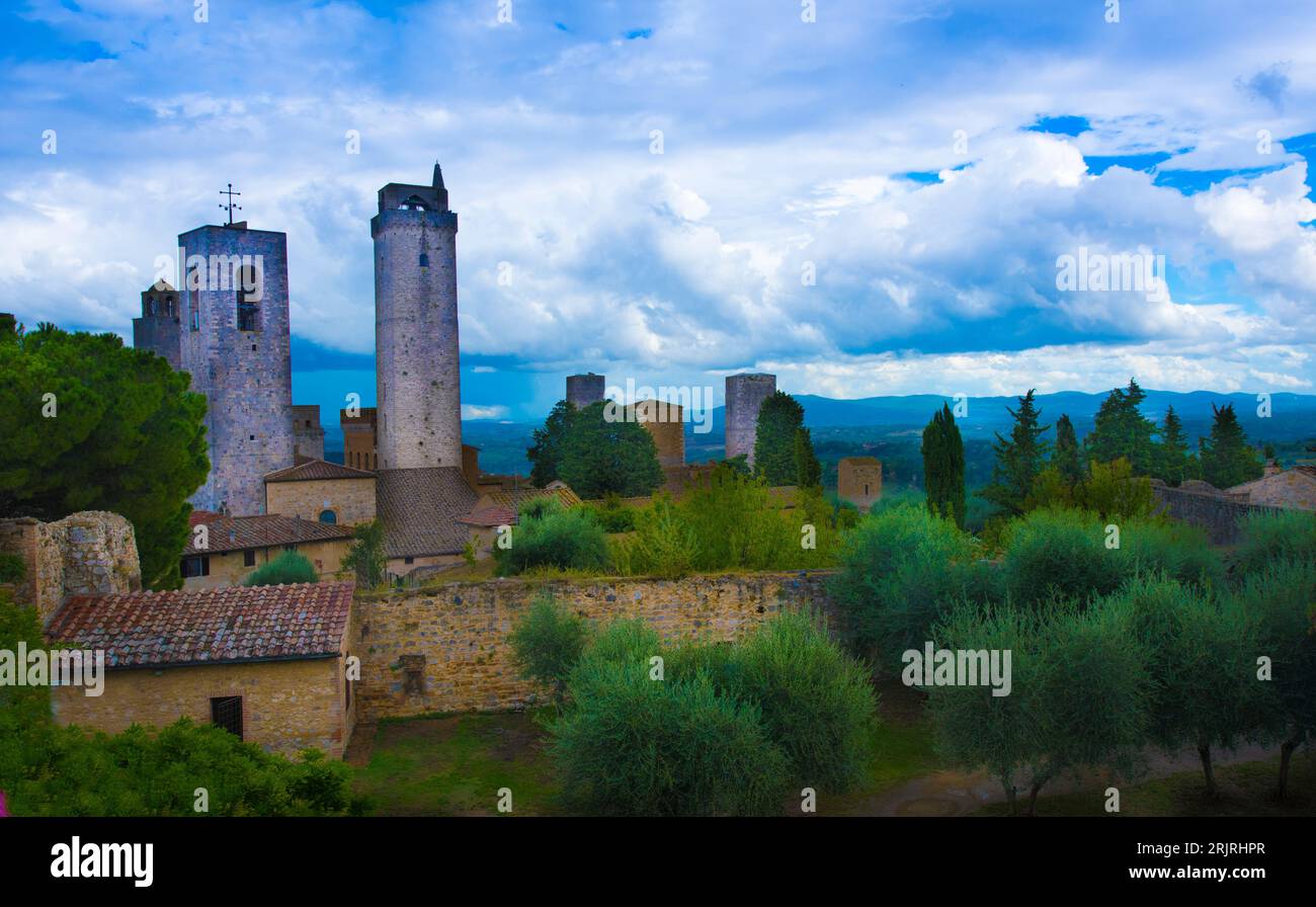 View from Park to Gender towers In the evening light of San Gimignano Tuscany Italy, Europe Stock Photo
