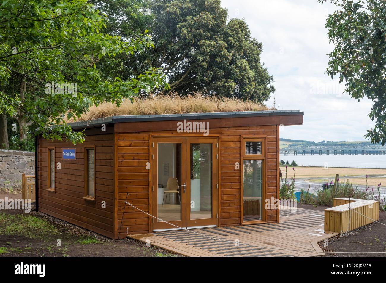 The Green Gallery or Green Room Gallery overlooking the River Tay at Dundee University Botanical Garden. Stock Photo